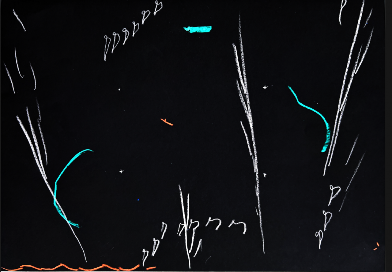 Colorful graphic sketches on a black background